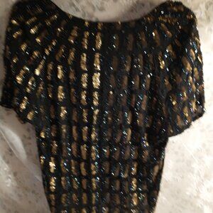 NWT Antik Batik black gold sequin pull-on top sz 38/small short sleeve lined